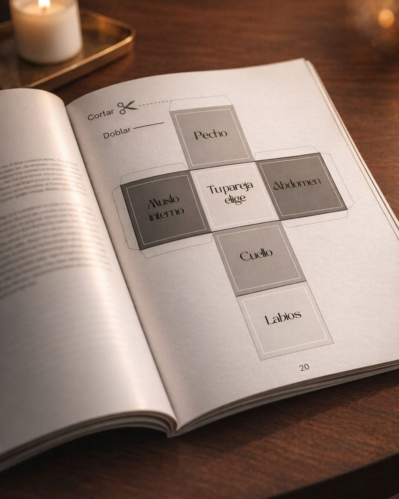 Revista con 5 juegos picantes para parejas: tablero, dados y cartas para recortar