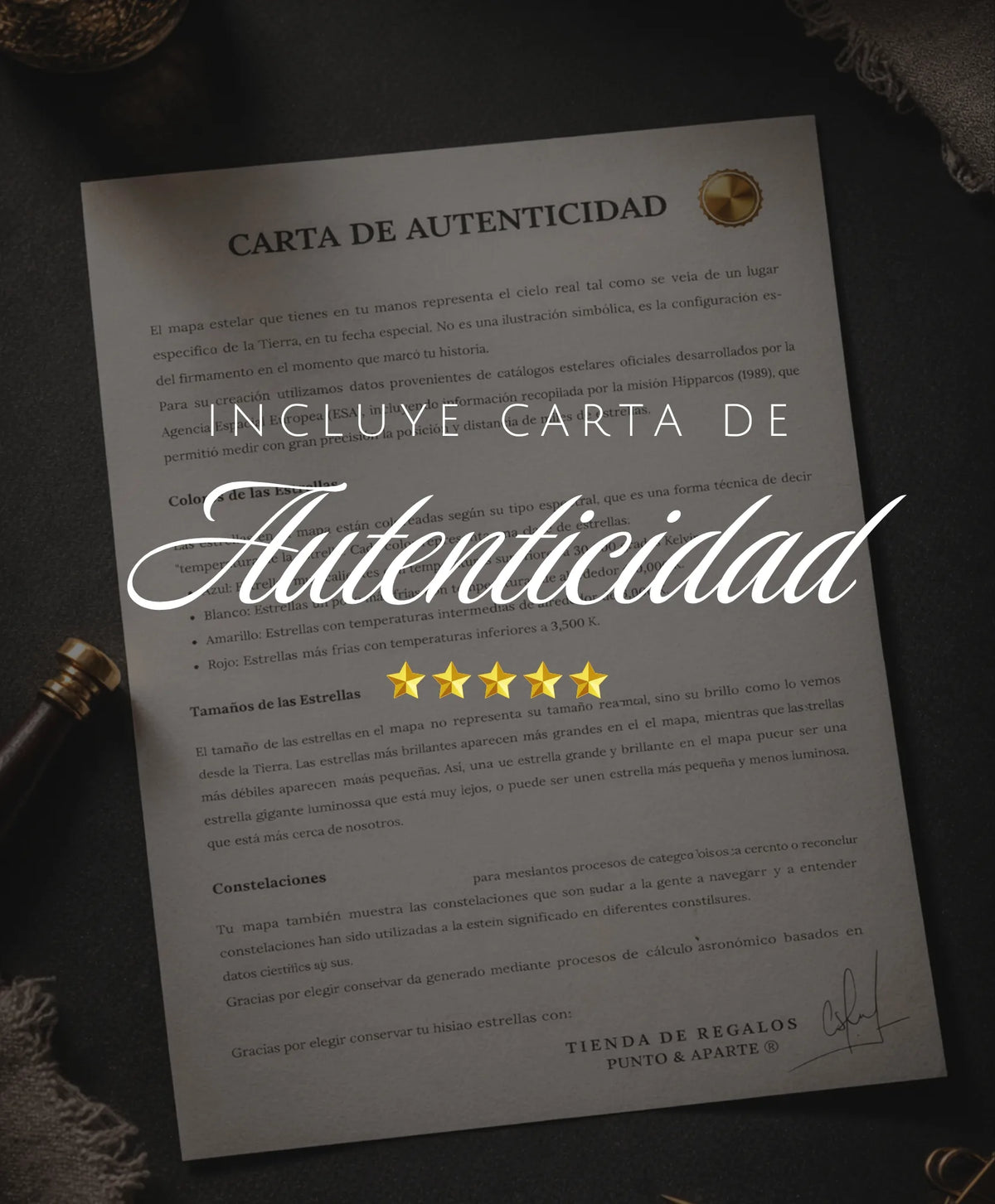 Carta de autenticidad del mapa estelar, que explica el origen de los datos astronómicos (misión Hipparcos)