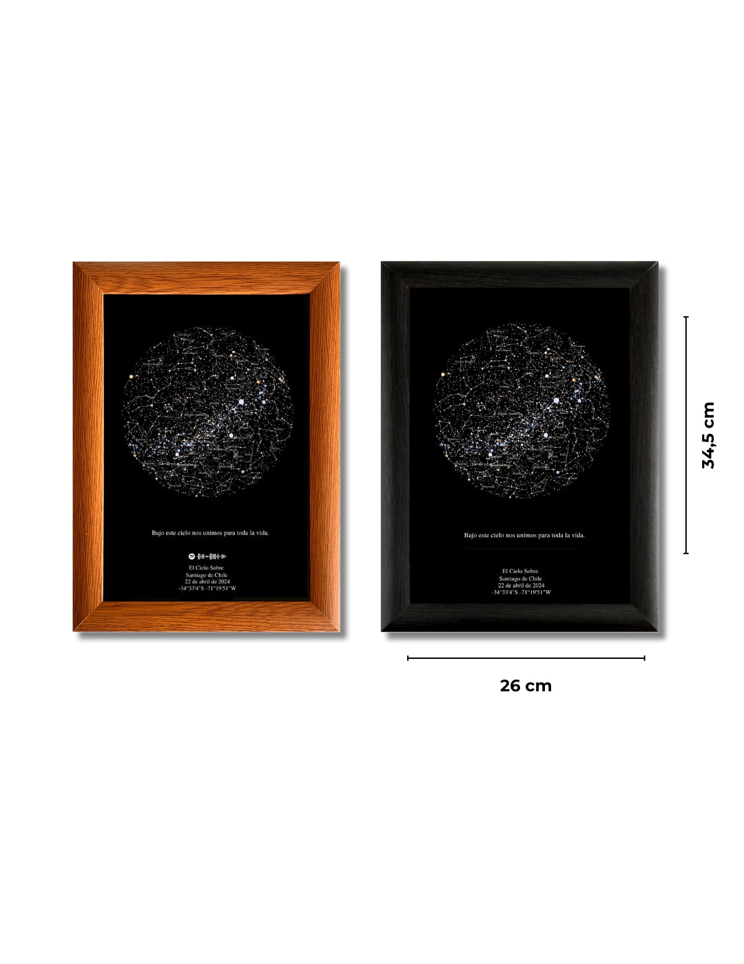 Video de un Mapa Estelar Sky of Colors enmarcado en negro, sostenido con la mano, personalizado con fecha, ciudad y dedicatoria de cumpleaños.