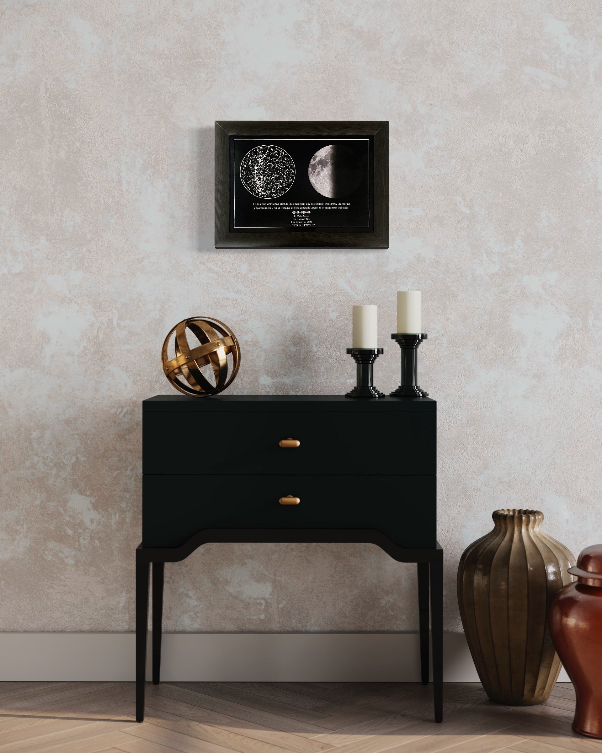 Mapa estelar Cielo Lunar en marco negro sobre mueble decorativo, cuadro personalizado para parejas