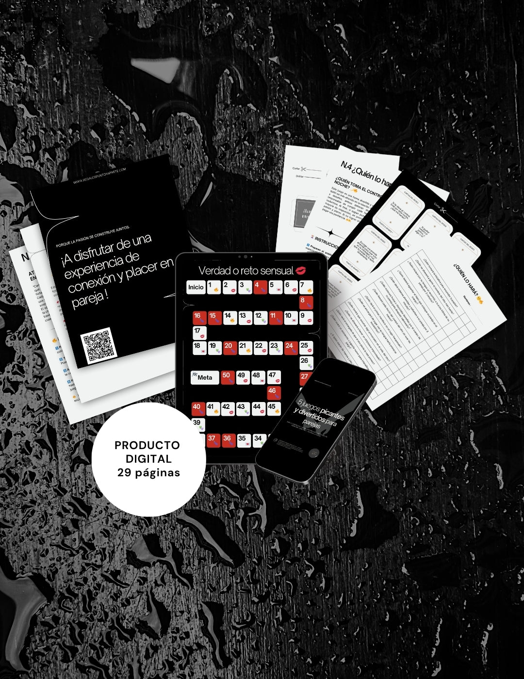 Revista digital 5 juegos picantes para parejas, tablero y plantillas imprimibles sobre fondo negro.