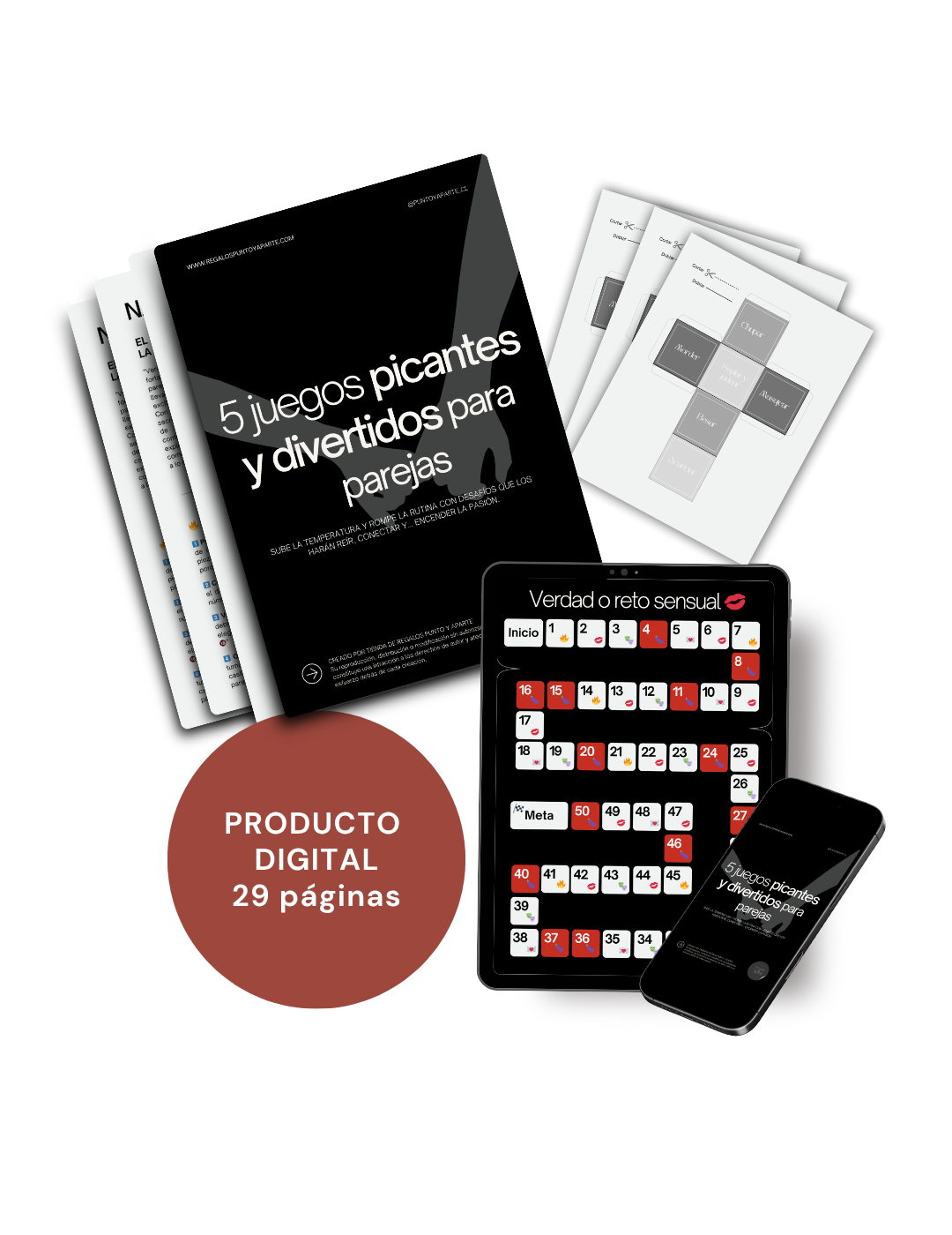 Revista digital 5 juegos picantes para parejas con tableros y hojas imprimibles sobre fondo blanco.