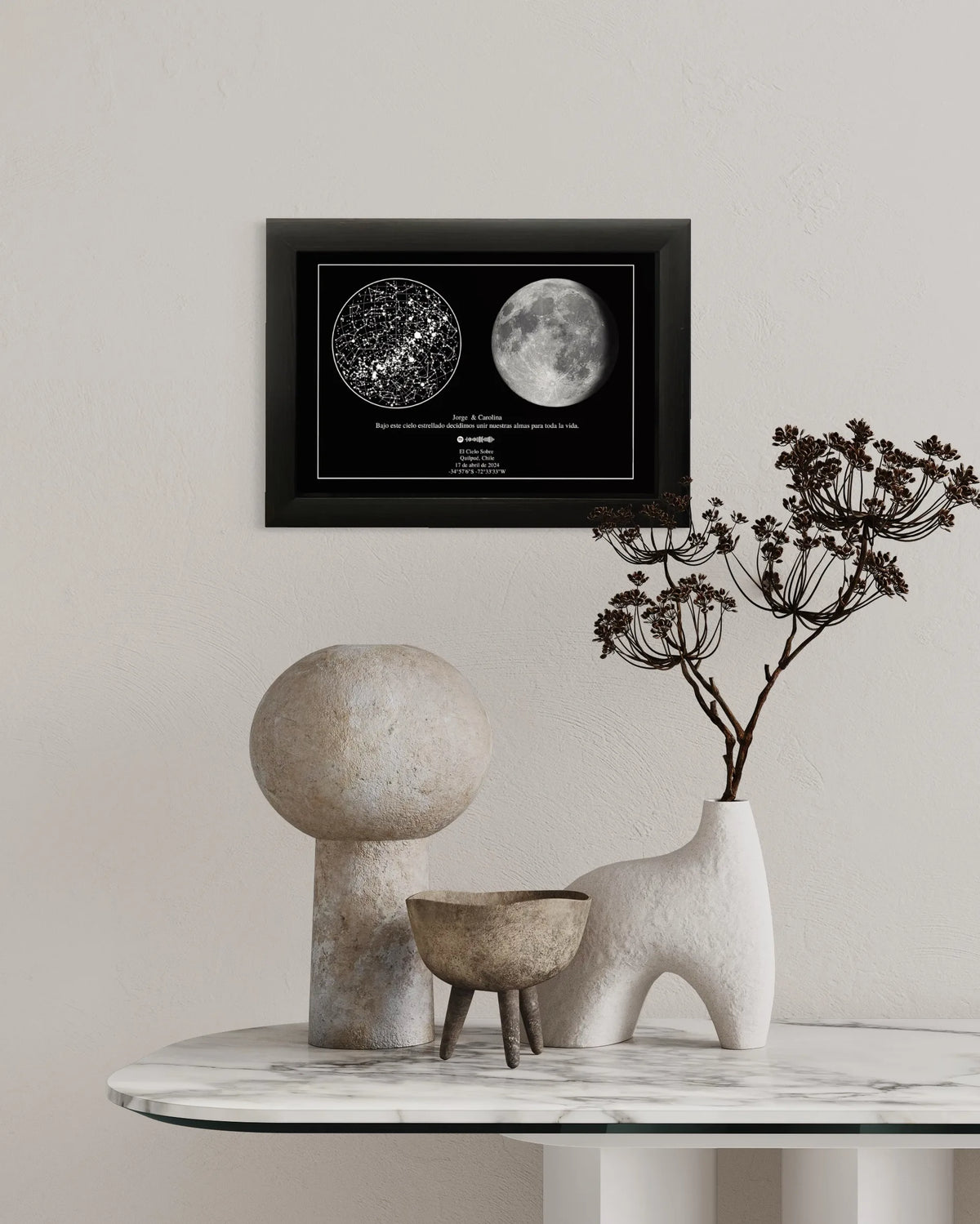 Mapa Estelar Cielo Lunar: cielo estrellado a la izquierda y fase lunar a la derecha en un mismo cuadro