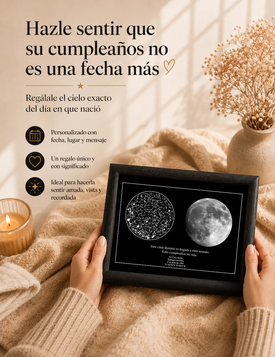 Mapa Estelar Cielo Lunar personalizado con fecha, ciudad y mensaje