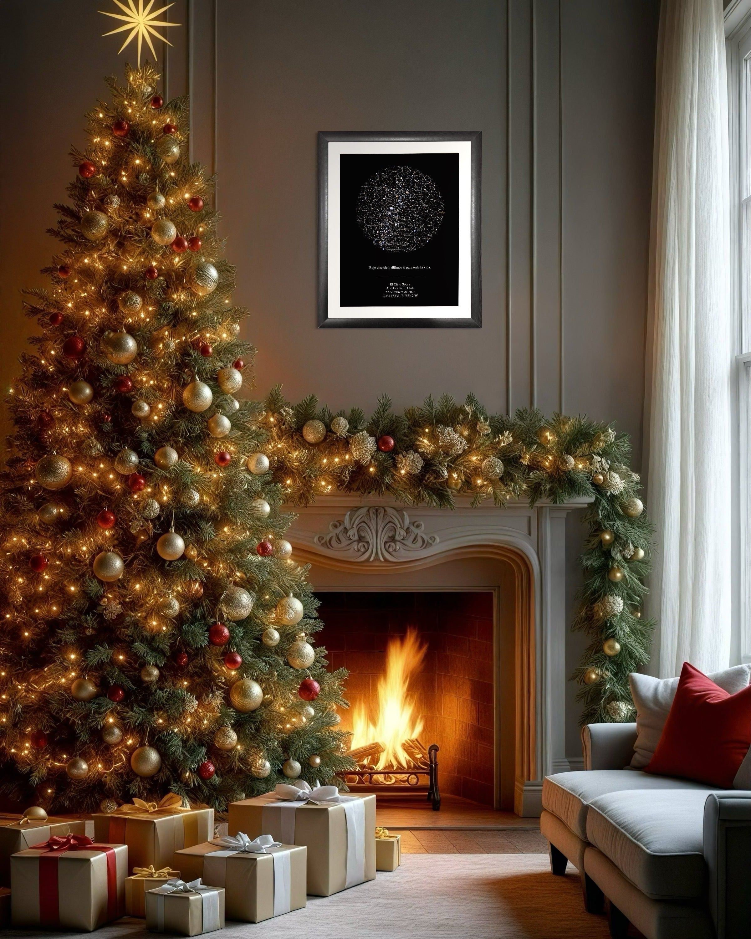 Mapa estelar XXL enmarcado sobre chimenea decorada de Navidad junto a árbol y regalos