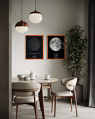 Cuadro decorativo con mapa estelar y mapa lunar enmarcados, colgados sobre un comedor moderno con mesa redonda y sillas de madera.