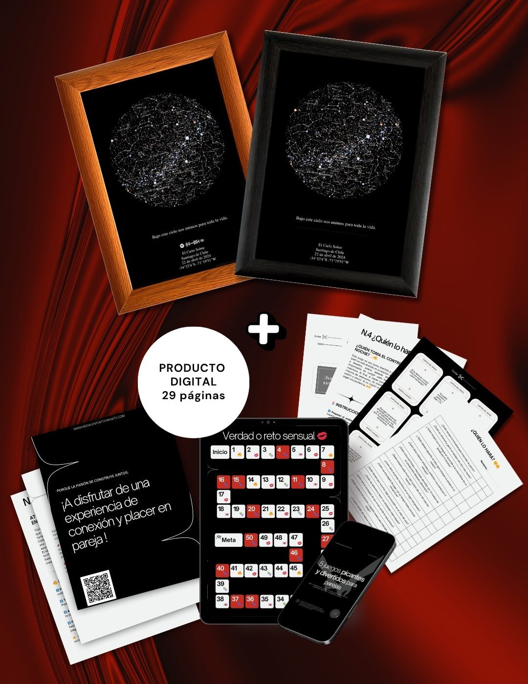 Pack para parejas con Mapa Estelar Sky of Colors y revista digital de 5 juegos picantes sobre fondo rojo.