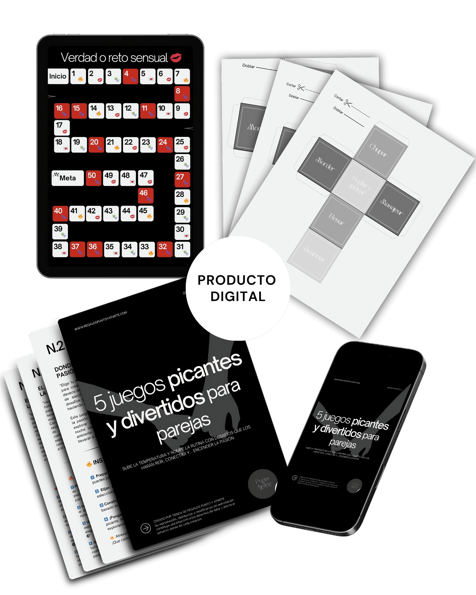 Producto digital con la revista 5 juegos picantes para parejas, tablero y plantillas imprimibles.